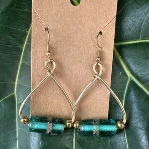 New! Handmade Gold Wire With Turquoise Glass Bead Earrings